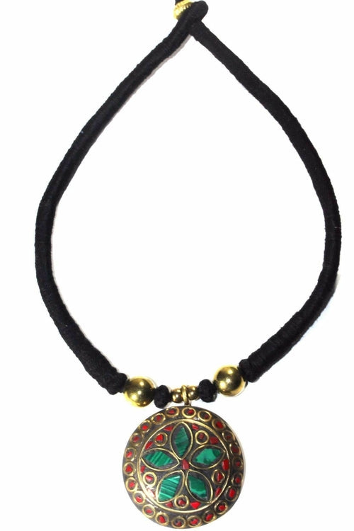 Mosaic Medallion Necklace Colorful Handplaced Brass Pendant