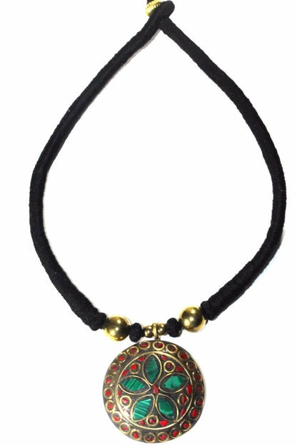 Mosaic Medallion Necklace Colorful Handplaced Brass Pendant