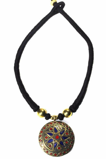 Mosaic Medallion Necklace Colorful Handplaced Brass Pendant