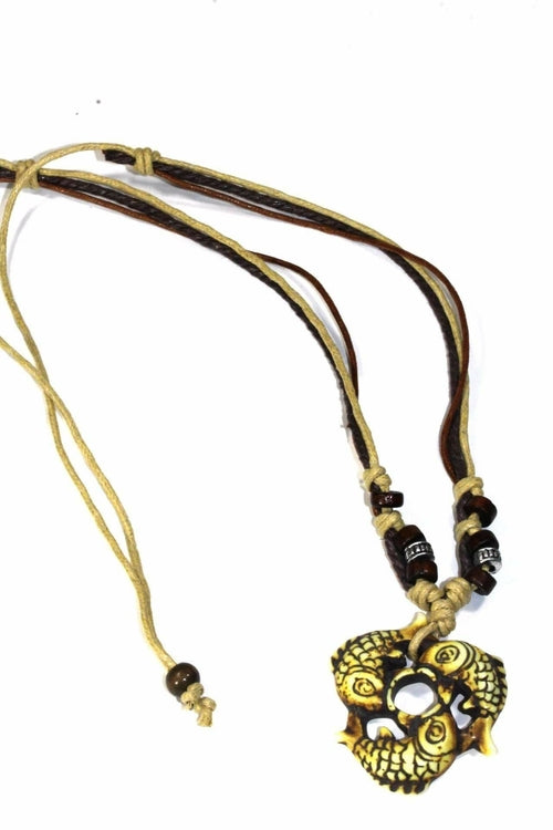 Boho Tribal Fish Necklace Trio Wooden Beads Carved Pendant