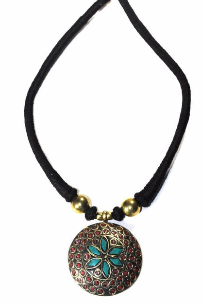 Mosaic Medallion Necklace Colorful Handplaced Brass Pendant
