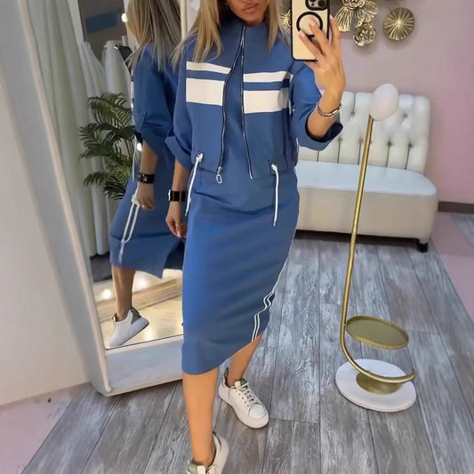 Women's Zip-Up Bomber Track Jacket & Bodycon Midi Dress Set