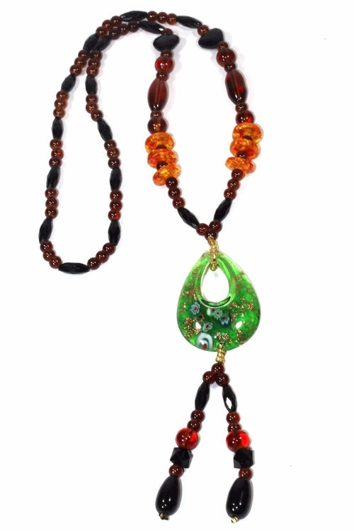 Gypsy Oval Pendant Shimmer Necklace With Glass Beads