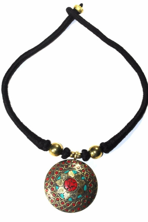 Mosaic Medallion Necklace Colorful Handplaced Brass Pendant