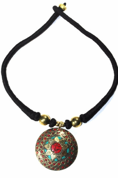 Mosaic Medallion Necklace Colorful Handplaced Brass Pendant