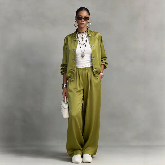 Women's Satin Two-Piece Set — Frog Button Jacket & Wide Leg Pants