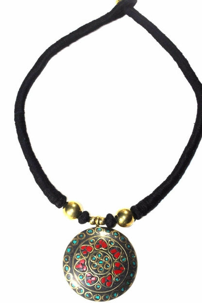 Mosaic Medallion Necklace Colorful Handplaced Brass Pendant