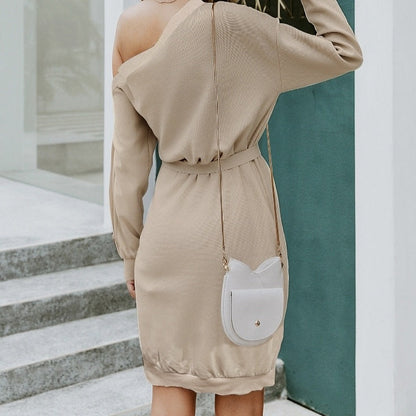 Ladies' Casual Solid Color Sloping Shoulder Collar Fashionable Dress