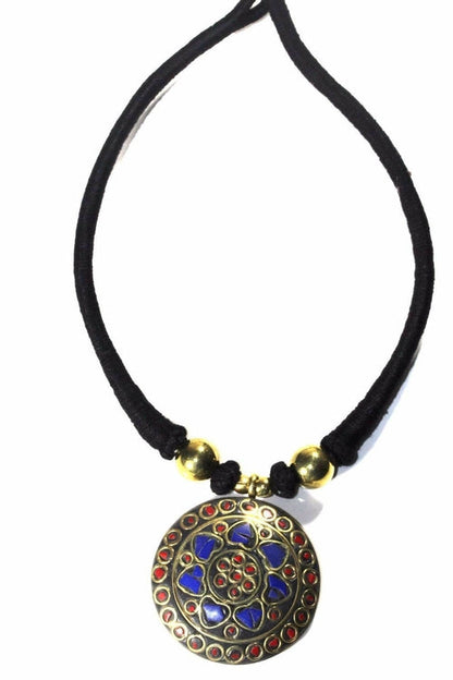 Mosaic Medallion Necklace Colorful Handplaced Brass Pendant