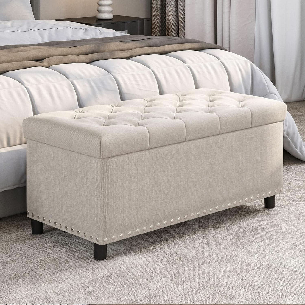 Rectangular Thirty Five Inch Beige Tufted Storage Ottoman Upholstered
