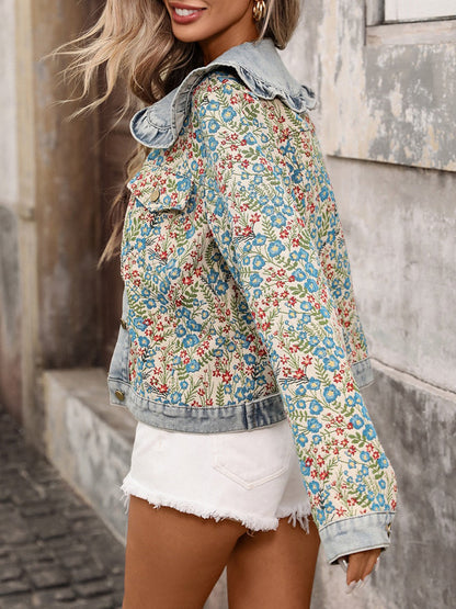 Women's Jacquard Denim Jacket | Ruffled Peter Pan Collar Long-Sleeve Short Jacket in Blue | S–XXL