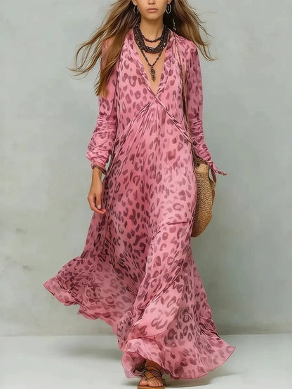 Women's Leopard Print Chiffon Deep V-Neck Flared Maxi Dress | Three-Quarter Sleeve Beach Vacation Dress