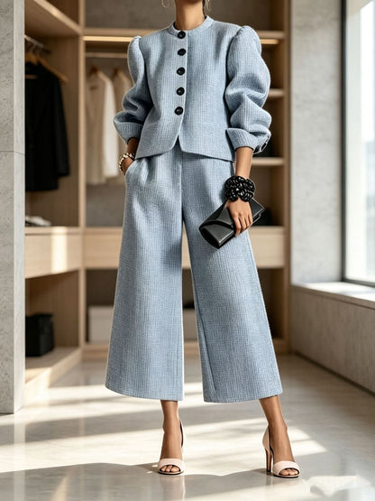 Women's Textured Puff-Sleeve Jacket & Cropped Wide-Leg Pants Set