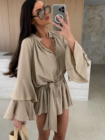 Women's V-Neck Lace-Up Irregular Hem Loose Dress