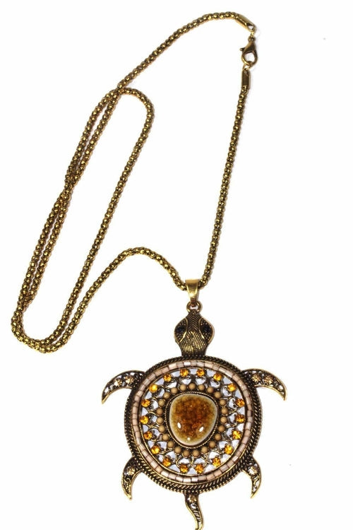 Large Turtle Shimmer Pendant Necklace With Crystal Accents