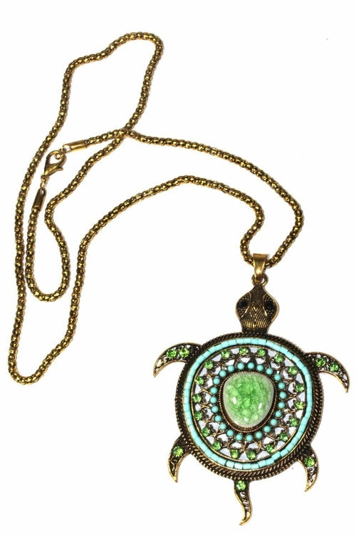 Large Turtle Shimmer Pendant Necklace With Crystal Accents