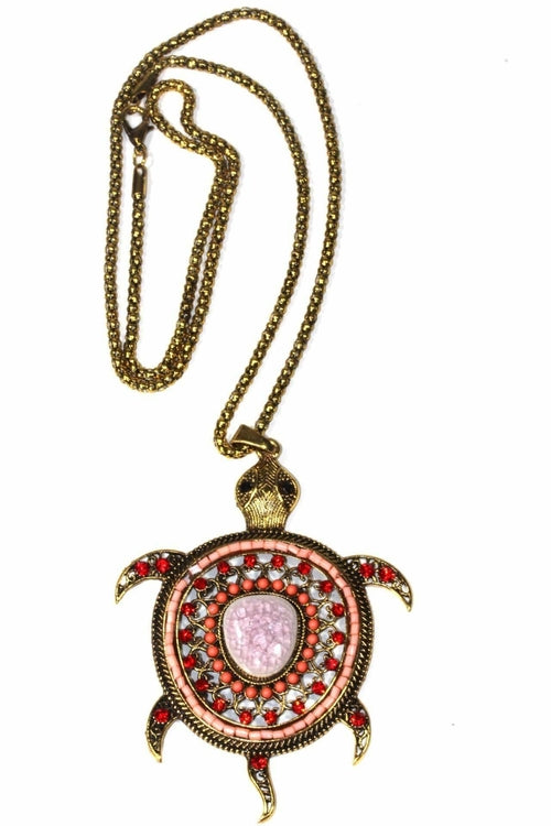 Large Turtle Shimmer Pendant Necklace With Crystal Accents