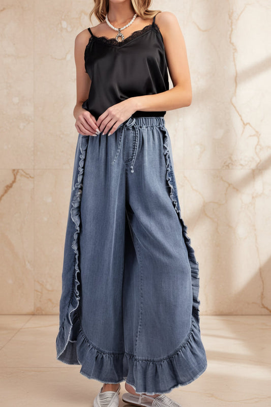 Women's Washed Denim Wide-Leg Flared Pants with Ruffle Hem
