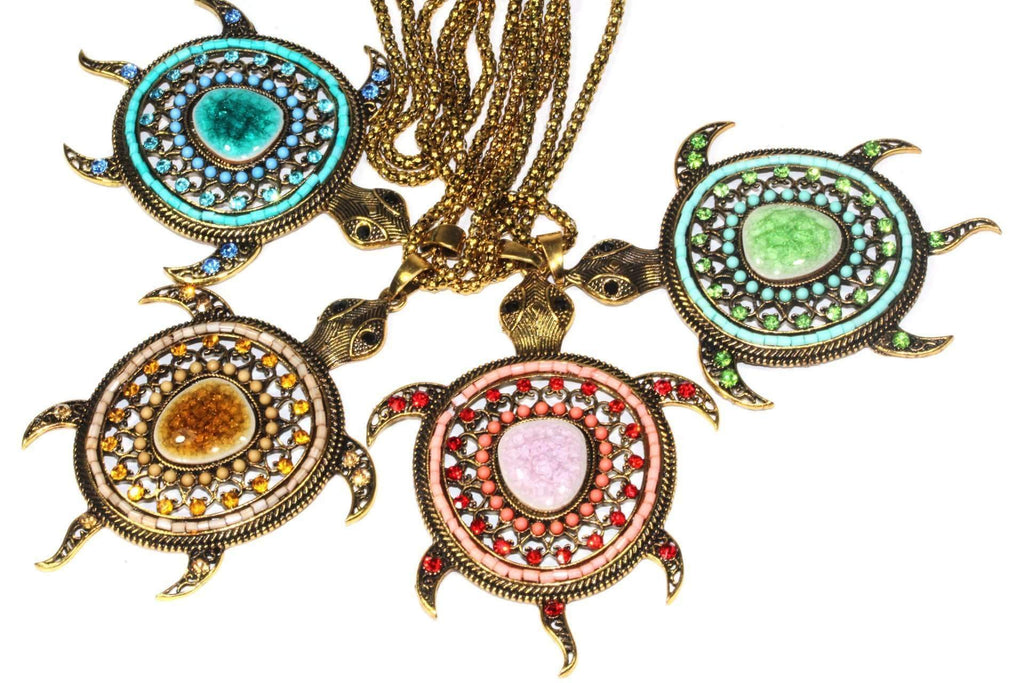 Large Turtle Shimmer Pendant Necklace With Crystal Accents