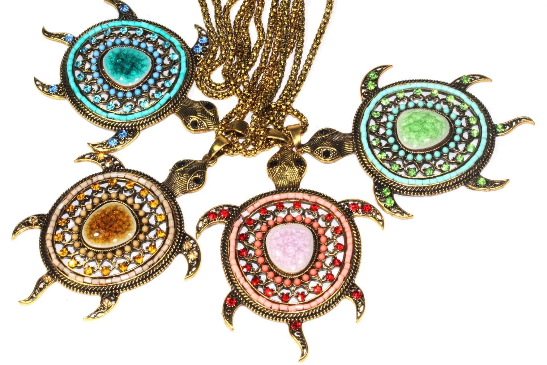 Large Turtle Shimmer Pendant Necklace With Crystal Accents