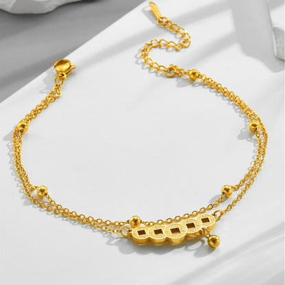 18k gold double-layer bead necklace retro Chinese style copper coin anklet