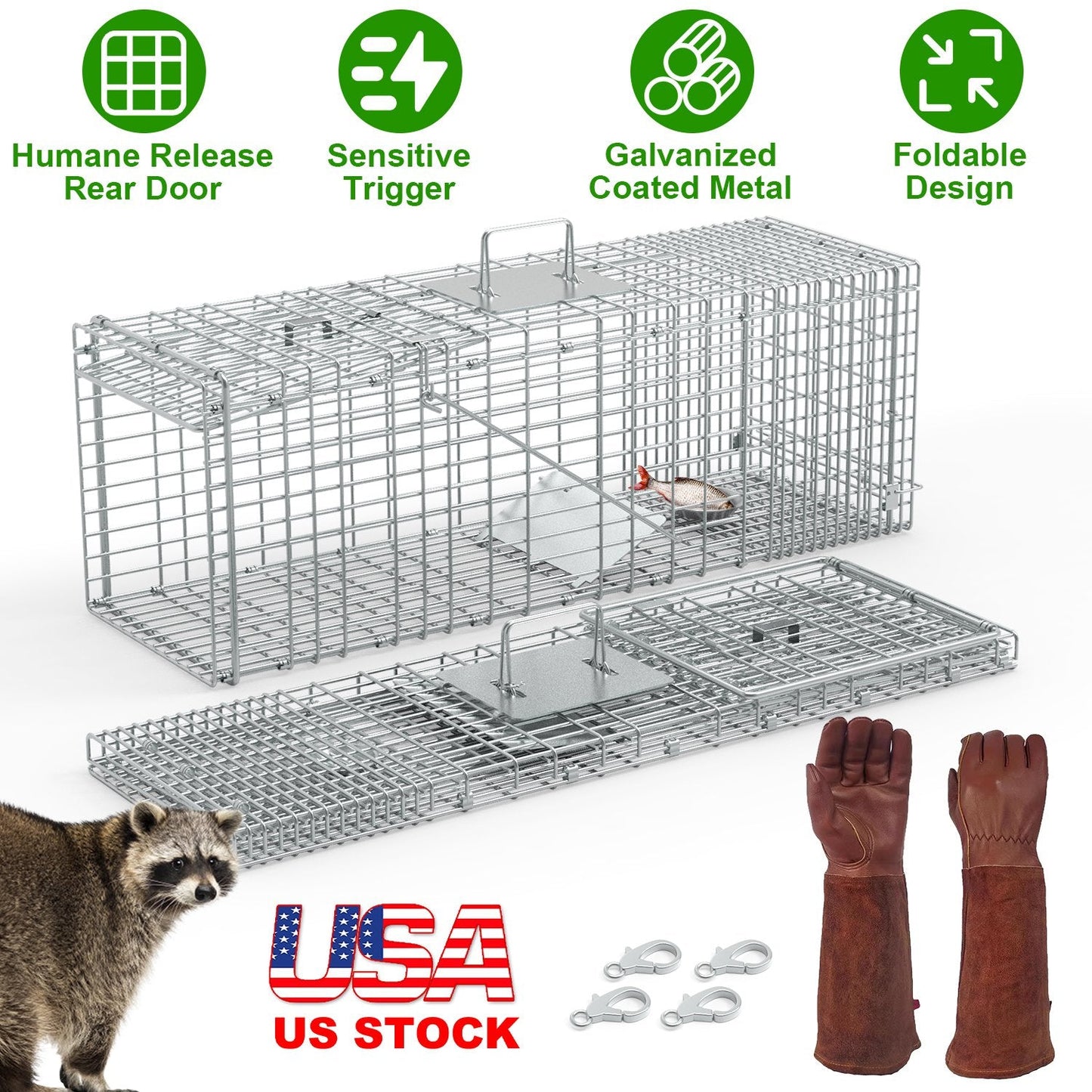 Humane Cat Trap Cage With Gloves Catch Release Live Animal Rodent Cage Collapsible Galvanized Wire for Raccoons Beavers Groundhogs Foxes Armadillos
