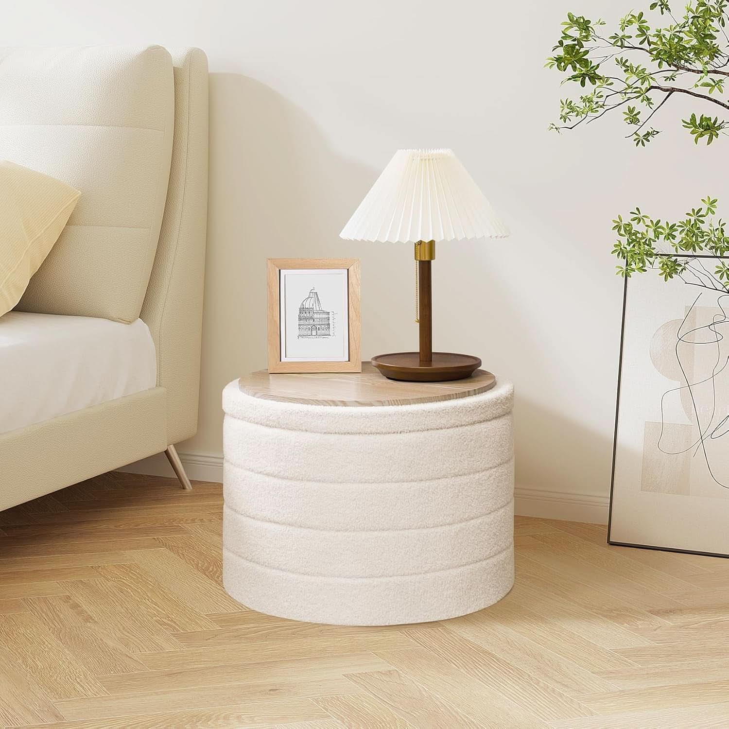 White Round Storage Ottoman Ultra Durable Cozy Elegant
