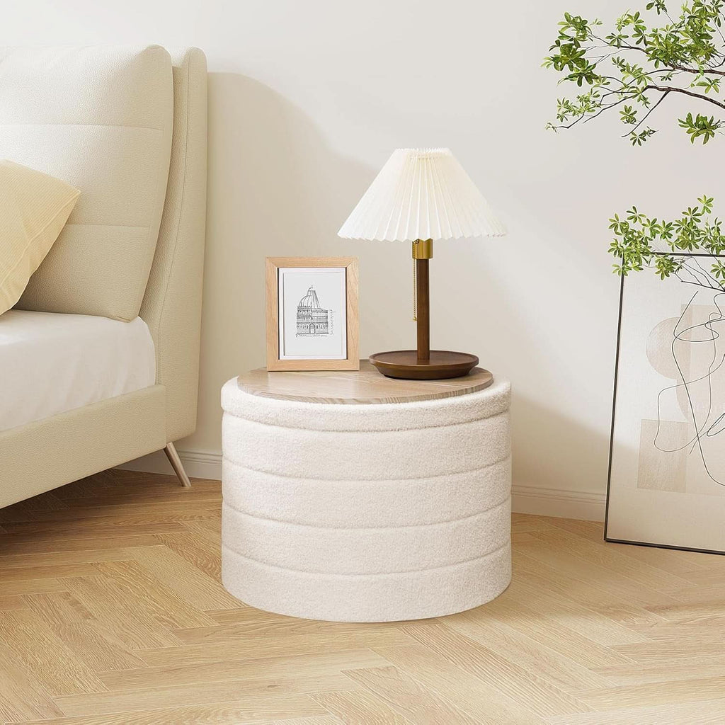Rounded White Luxurious Boucle Storage Ottoman Lid