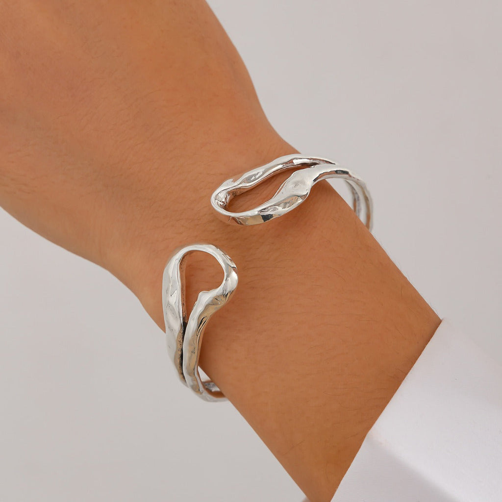 Double Ring Hollow Spring Open Bracelet Punk Style Round Bead Pendant Stacking Bracelet
