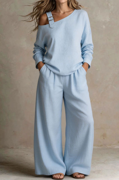 Women's One-Shoulder Buckle-Strap Long-Sleeve Linen Blend Top & Wide-Leg Palazzo Trouser Set