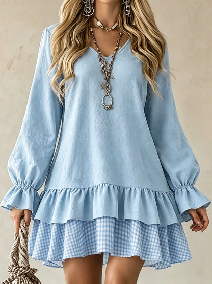 Women's V-Neck Ruffle Sleeve Plaid Patchwork Mini Dress