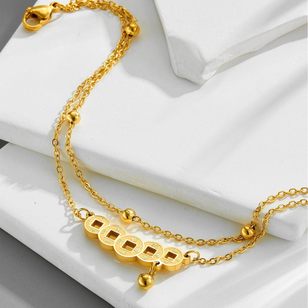 18k gold double-layer bead necklace retro Chinese style copper coin anklet