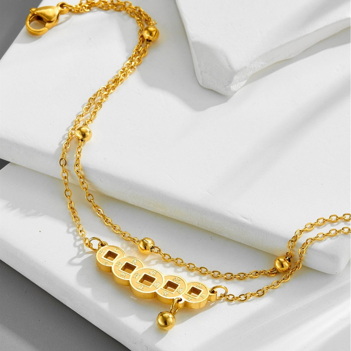 18k gold double-layer bead necklace retro Chinese style copper coin anklet