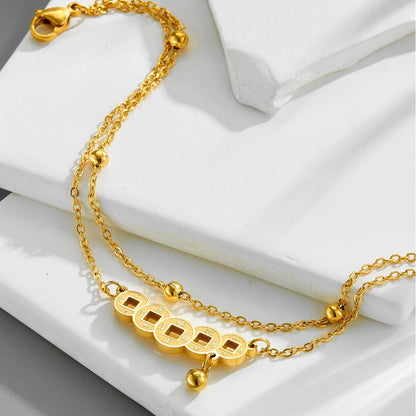 18k gold double-layer bead necklace retro Chinese style copper coin anklet