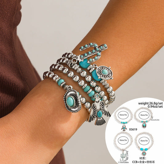 Retro ethnic style bull head turquoise beaded elastic bracelet