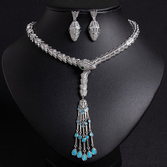 Serpentine Teardrop Tassel Zircon Earrings & Necklace Set