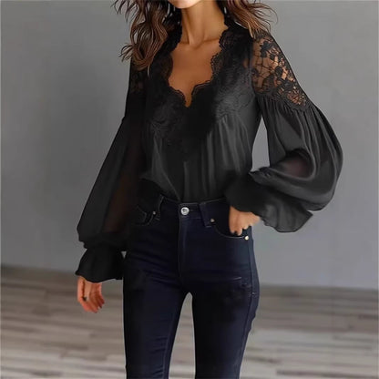 Lace-Panel Puff Sleeve Pleated Ruffle Shirt | Ballet Style