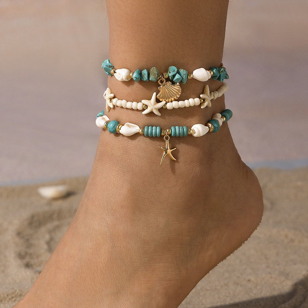 Ocean Fan Shell Rice Pearl Turquoise Anklet