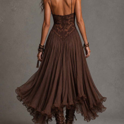 Chiffon V-Neck Backless Flowy Maxi Dress – Women's Elegant A-Line Long Dress