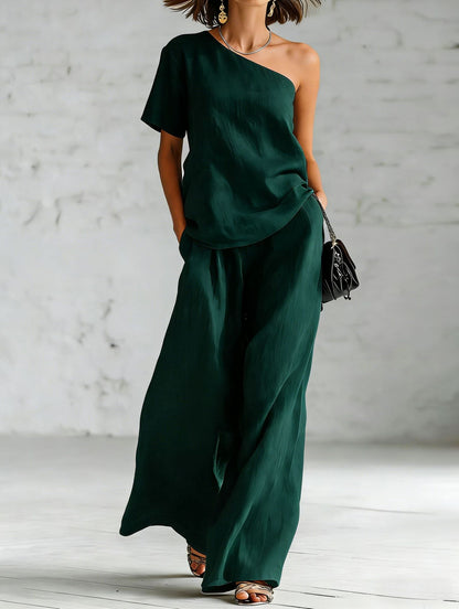 Women's Wide-Leg Pants & Top Set – 2-Piece Three-Quarter Sleeve Outfit