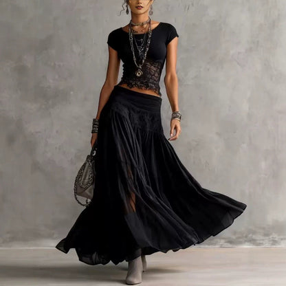 Women's Ribbed Knit Fringe-Hem Crop Top & Tiered Crinkle Chiffon Maxi Skirt Boho-Luxe Set