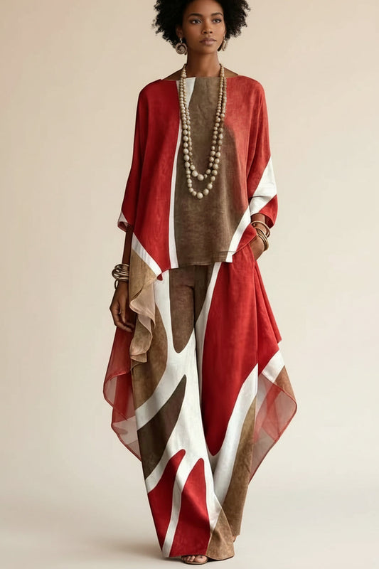 Women's Abstract Geometric Color-Block Asymmetric Draped Tunic & Wide-Leg Palazzo Pants Set