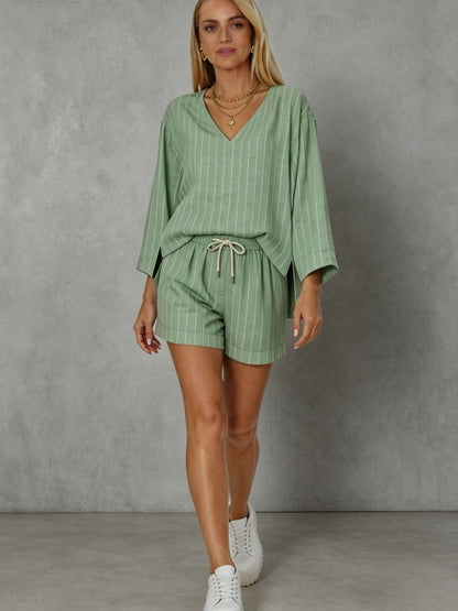 Women's Loose V-Neck Long Sleeve Striped Shorts Set – Casual Leisure