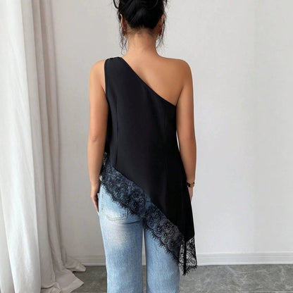 Off-Shoulder Metal Buckle Lace Patchwork Vest – Irregular Hem Loose Fit