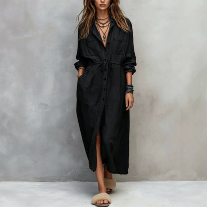 Women's Drawstring Waist Shirt Dress – Long Sleeve A-Line Midi