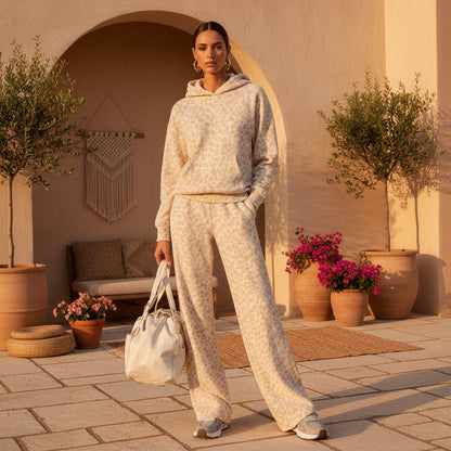 Women's Washed Leopard Print Oversized Hoodie & Wide-Leg Pants Set