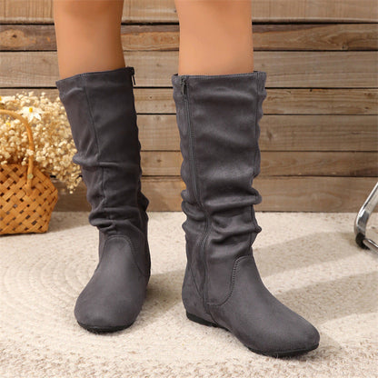Women's Mid-Calf Leather Boots – Flat Heel Side Zip