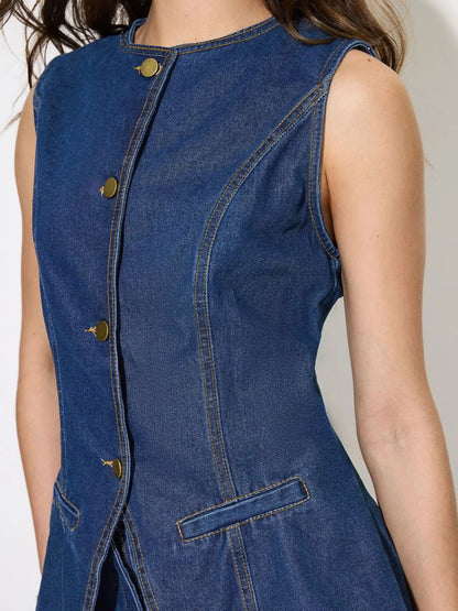 Button Up Sleeveless Denim Top and Shorts Set