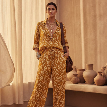 Women's V-Neck Lapel Printed Raglan Three-Quarter Sleeve Cropped Top & Wide-Leg Drawstring Trouser Set
