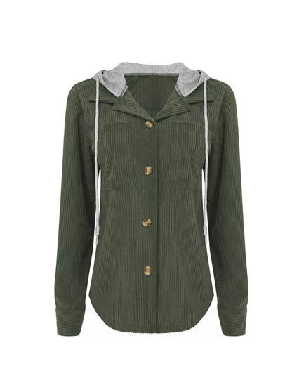 Plus Size Casual Corduroy Button-Down Hooded Jacket